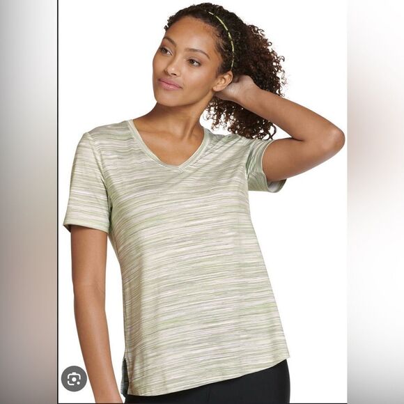 Jockey Stretch Knit V-Neck Tee with Side Slits Green Print M NWT IN PACKAGE - Picture 1 of 4